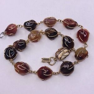 Vintage Quartz Semi Precious Stone Cage Wrapped Gold Tone Signed MB 18"